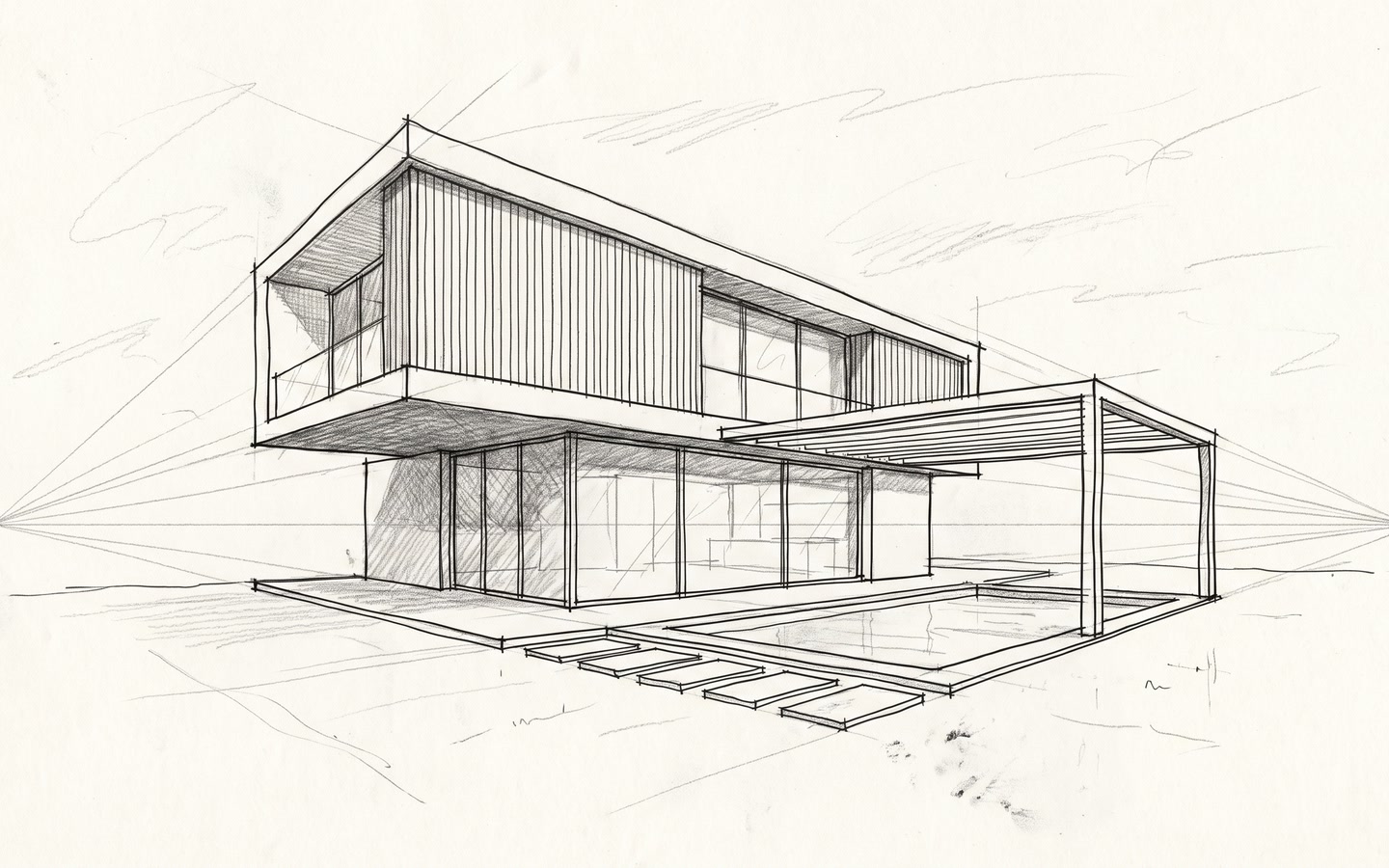 Freehand sketch of a contemporary villa: a cantilevered upper floor, a pergola and a pool.