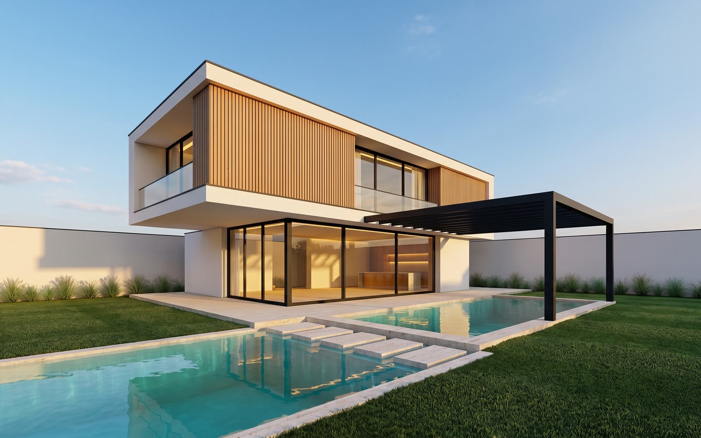 The same villa as a photorealistic render: white render, oak cladding, pool, golden-hour light.