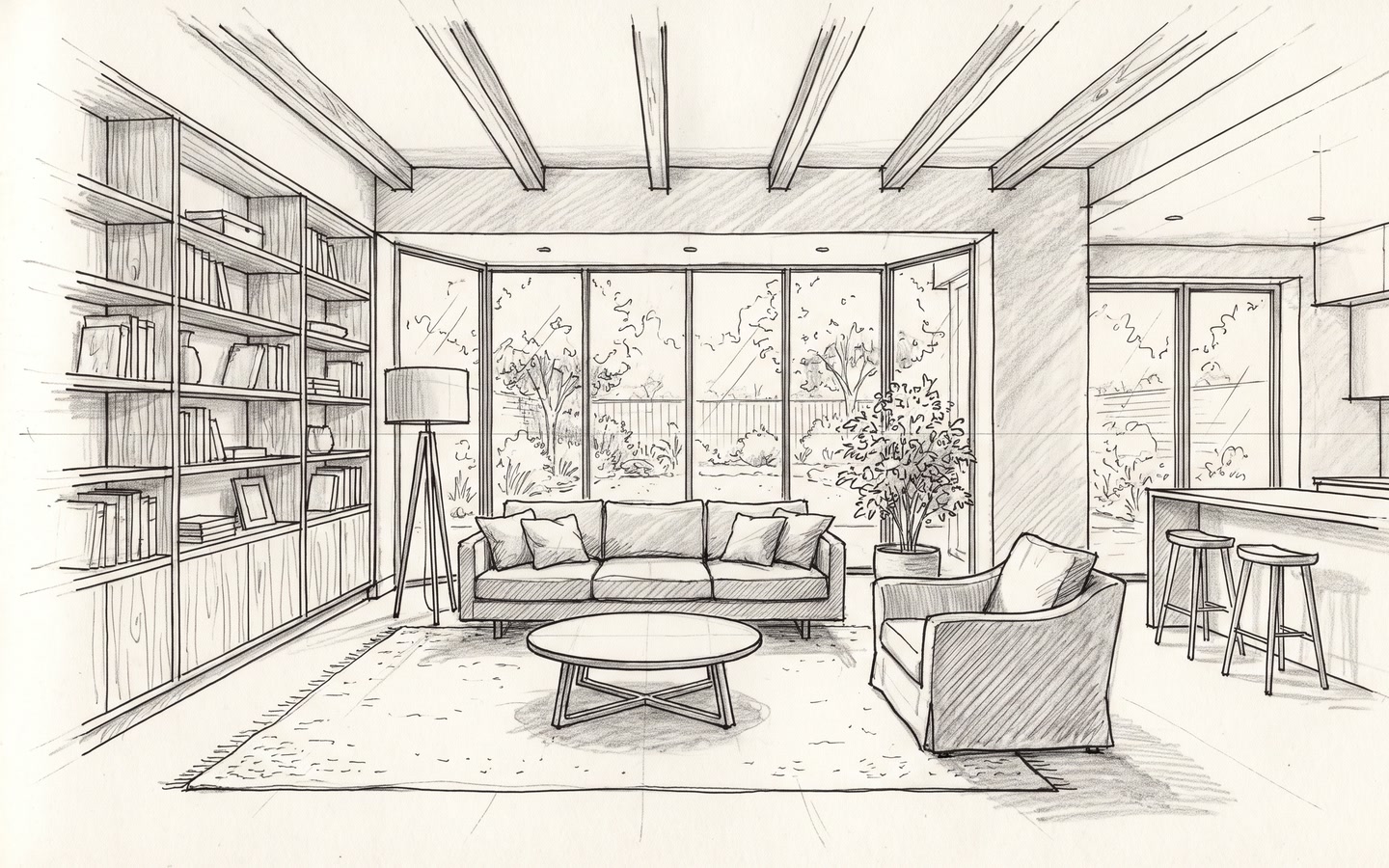 Freehand sketch of a living room: exposed beams, shelving, a large window onto the garden.
