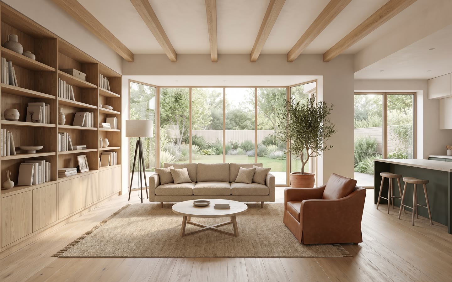 The same living room as a photorealistic render: oak beams, bouclé sofa, leather armchair, daylight.