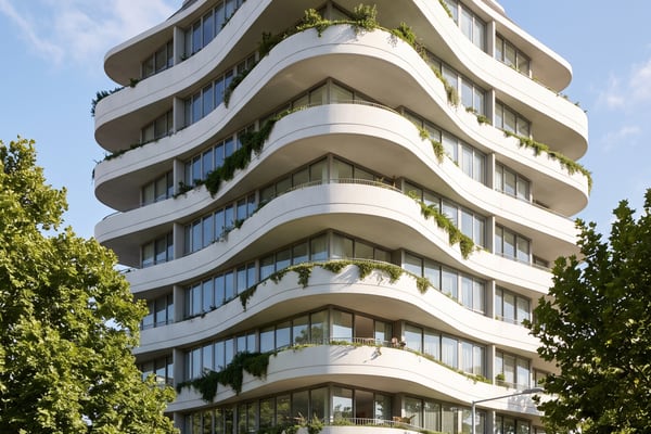 Exterior day render: apartment building with planted balconies under a clear sky