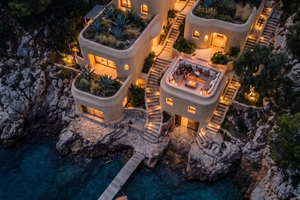 Exterior night render: lit stone facade at the water’s edge